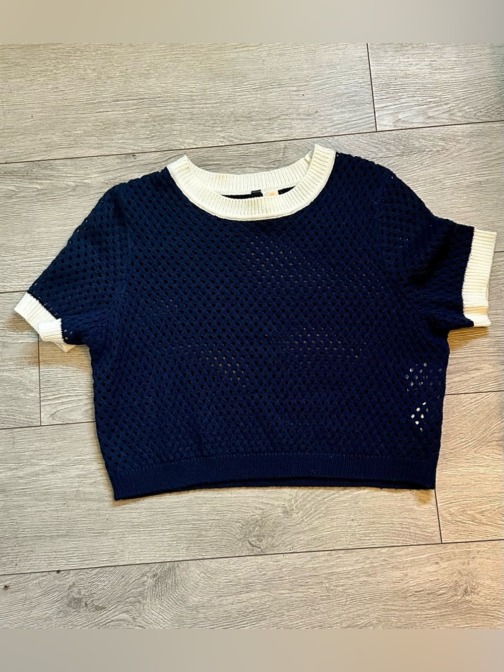 Divided Navy Open-Weave Cropped Short Sleeve Sweater with Ivory Trim